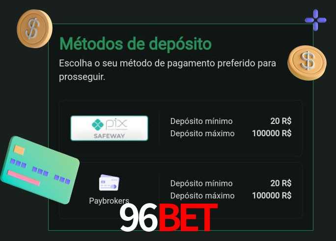 O cassino 96Bet oferece uma grande variedade de métodos de pagamento